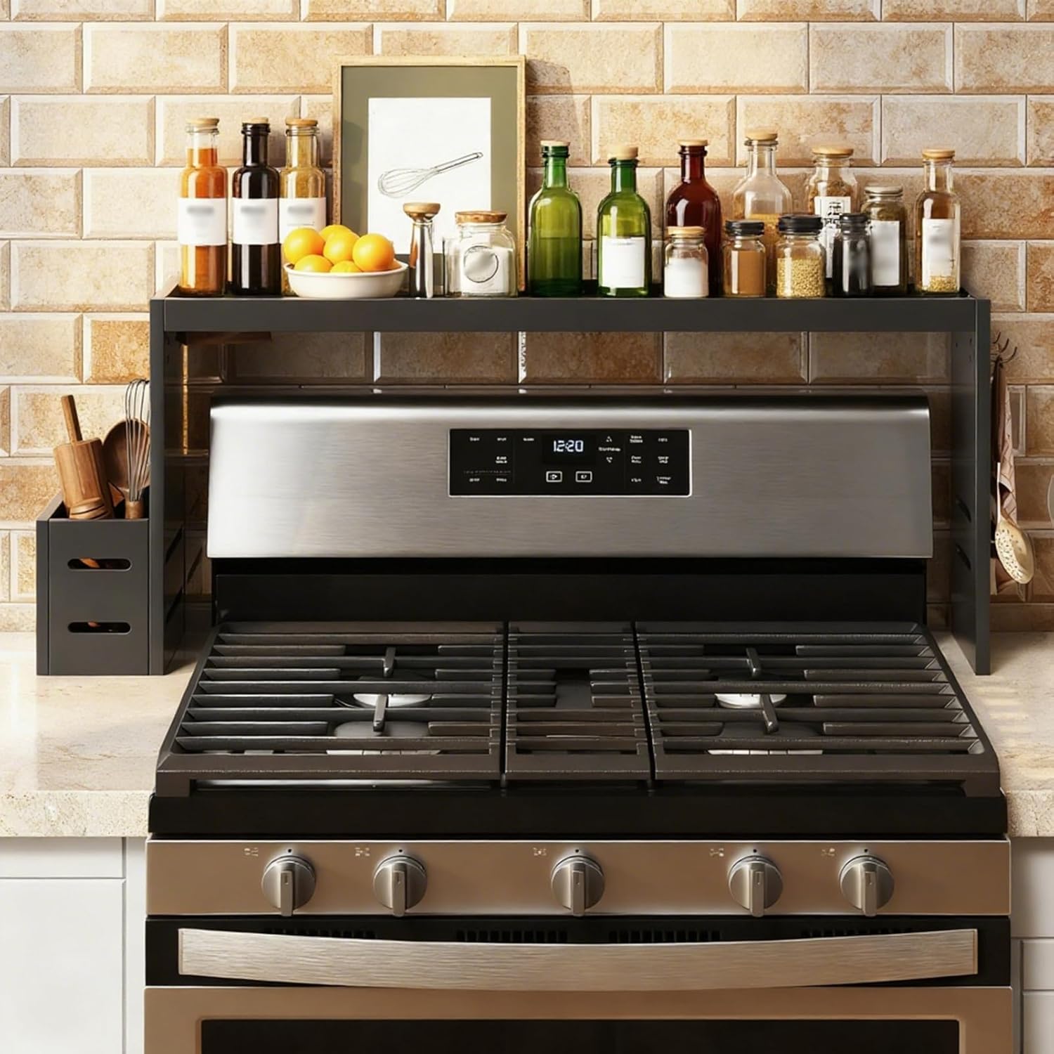 Bamboo Over the Stove Shelf 31in - Durable Stove Shelf for Back of Stove with Non-Slip EVA Liner, 6 Hooks & Utensil Holder, Spice Rack for Standard Stoves (Black)