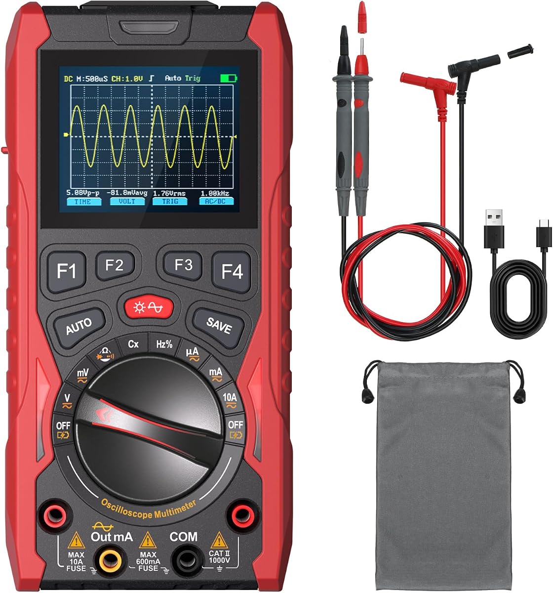 3-in-1 Handheld Oscilloscope Multimeter with Signal Generator, 12MHz Bandwidth 50MS/s Portable Digital Oscilloscope Multimeter, True RMS Auto-Ranging, 1500mAh Battery for Electronics Repair
