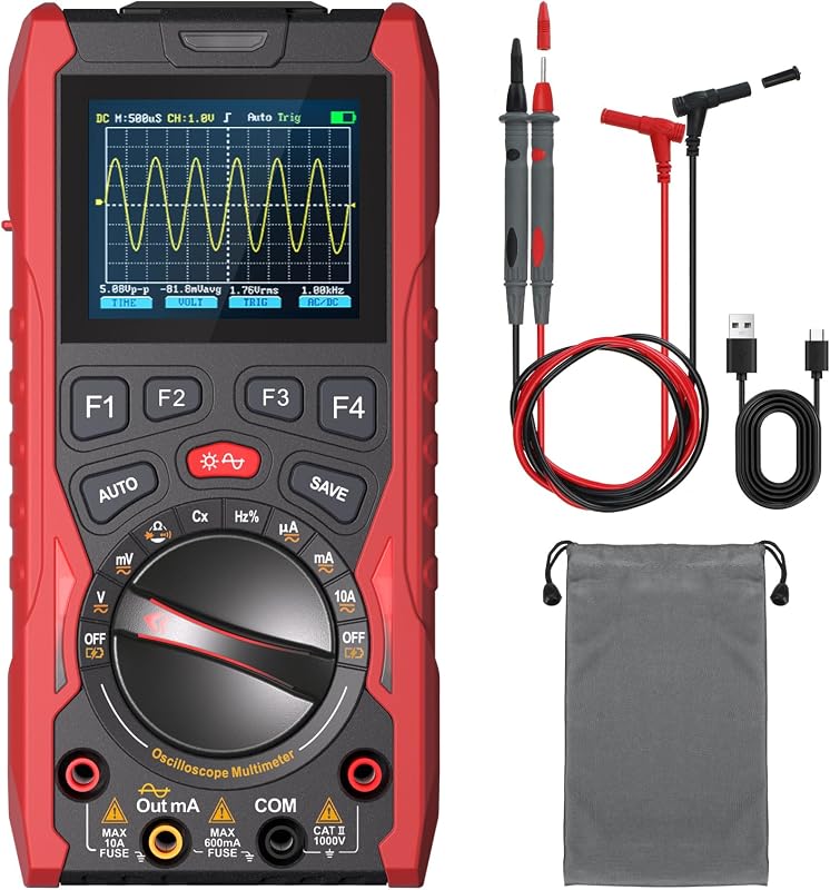 3-in-1 Handheld Oscilloscope Multimeter with Signal Generator, 12MHz Bandwidth 50MS/s Portable Digital Oscilloscope Multimeter, True RMS Auto-Ranging, 1500mAh Battery for Electronics Repair