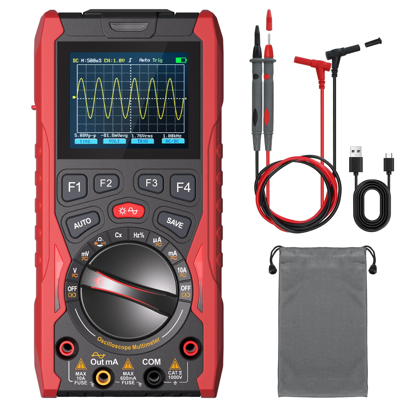 3-in-1 Handheld-Oszilloskop Multimeter mit Signalgenerator, 12MHz Bandbreite 50MSa/s Abtastrate, Tragbares Digitales Oszilloskop Multimeter, True RMS Auto-Bereich, 1500mAh Batterie