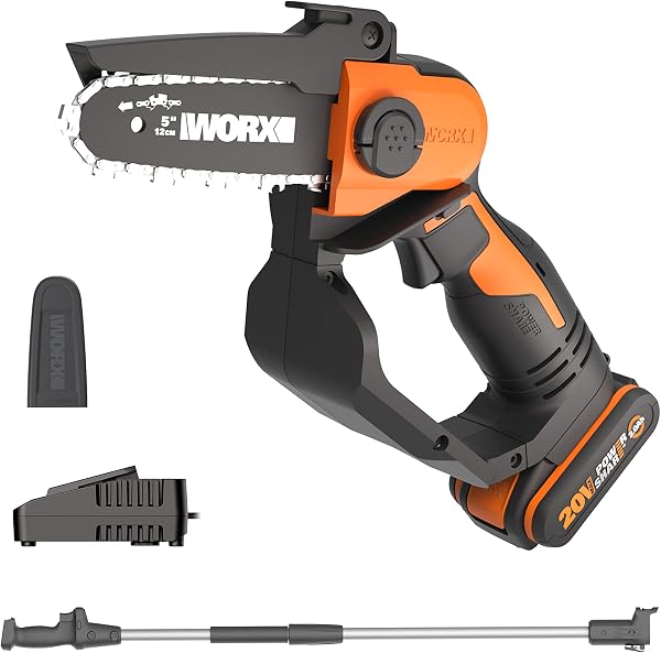 Mini tronçonneuse sans fil sur perche télescopique 125 cm, guide 12 cm, élagage à une main