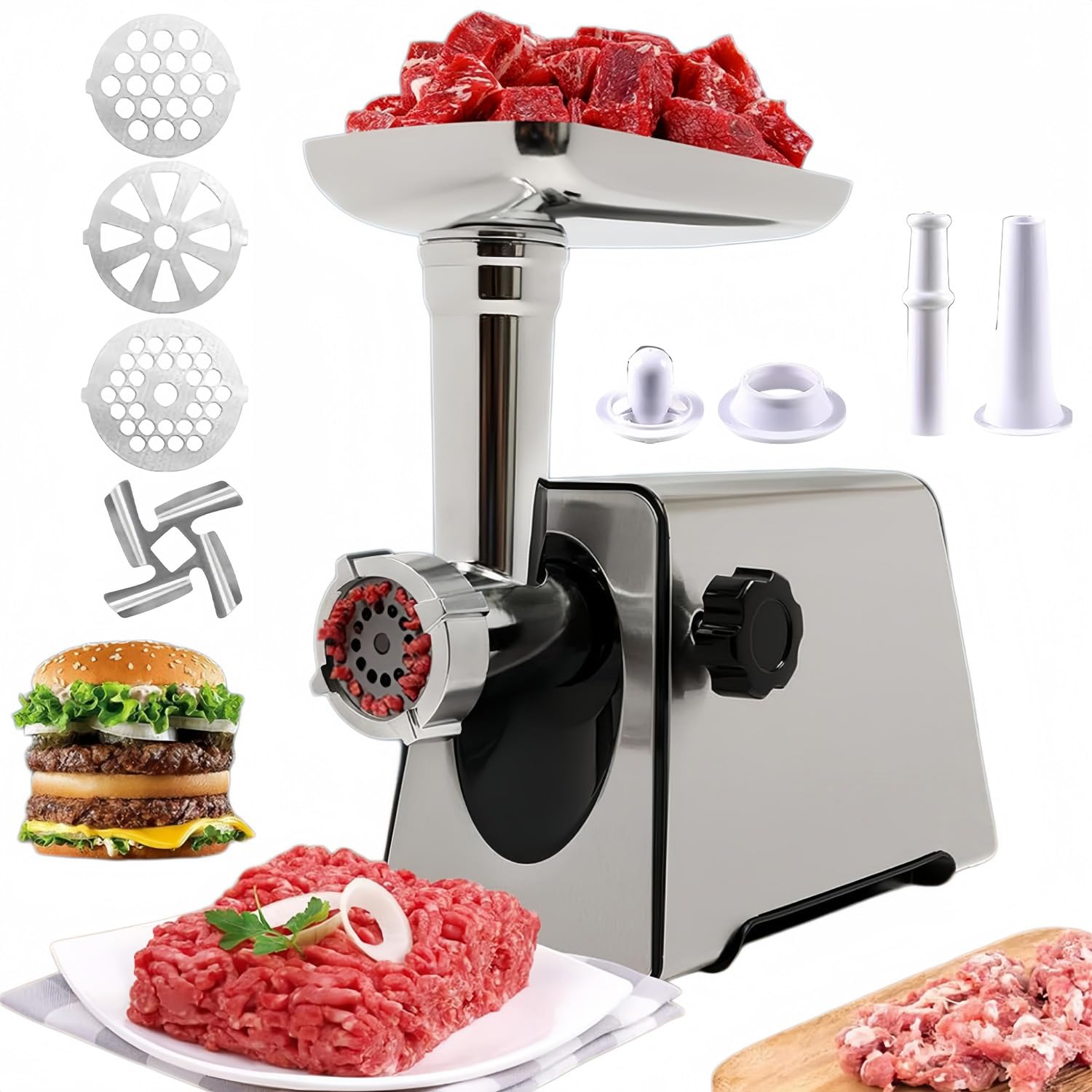 Hachoir à viande électrique anti-bourrage avec fonction inversée et 3 grilles