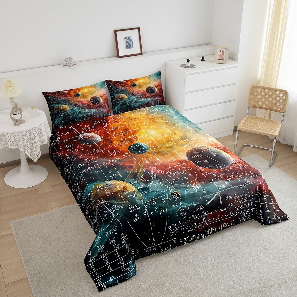 Feelyou Math Equation Comforter Set Queen Size Kids Galaxy Solar System Comforter for Boys Girls Teens Mathematics Formula Biology Bedding Set Science Duvet Set Room Decor