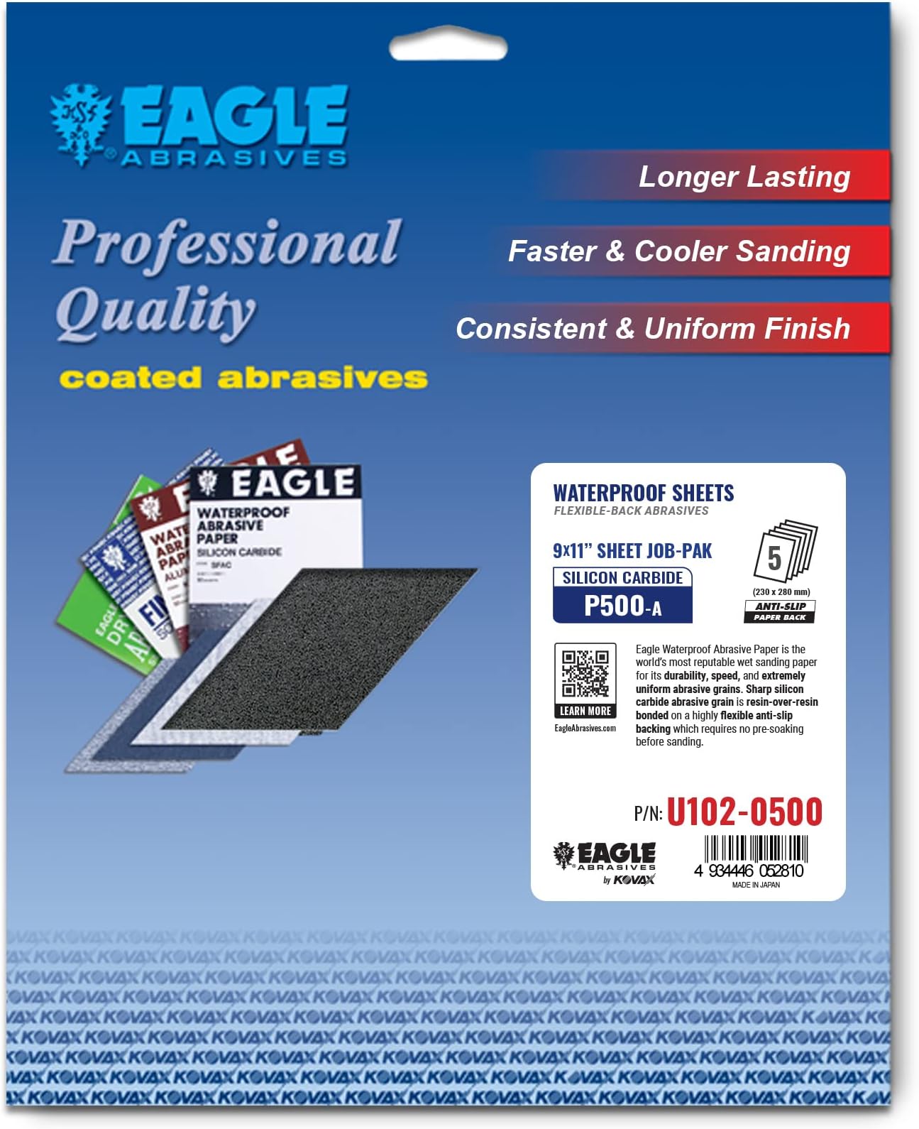 Eagle 9x11 Silicon Carbide Waterproof Sanding Sheets JOB-PAK, Flexible Back, Grit P500, U102-0500, 5 sheets