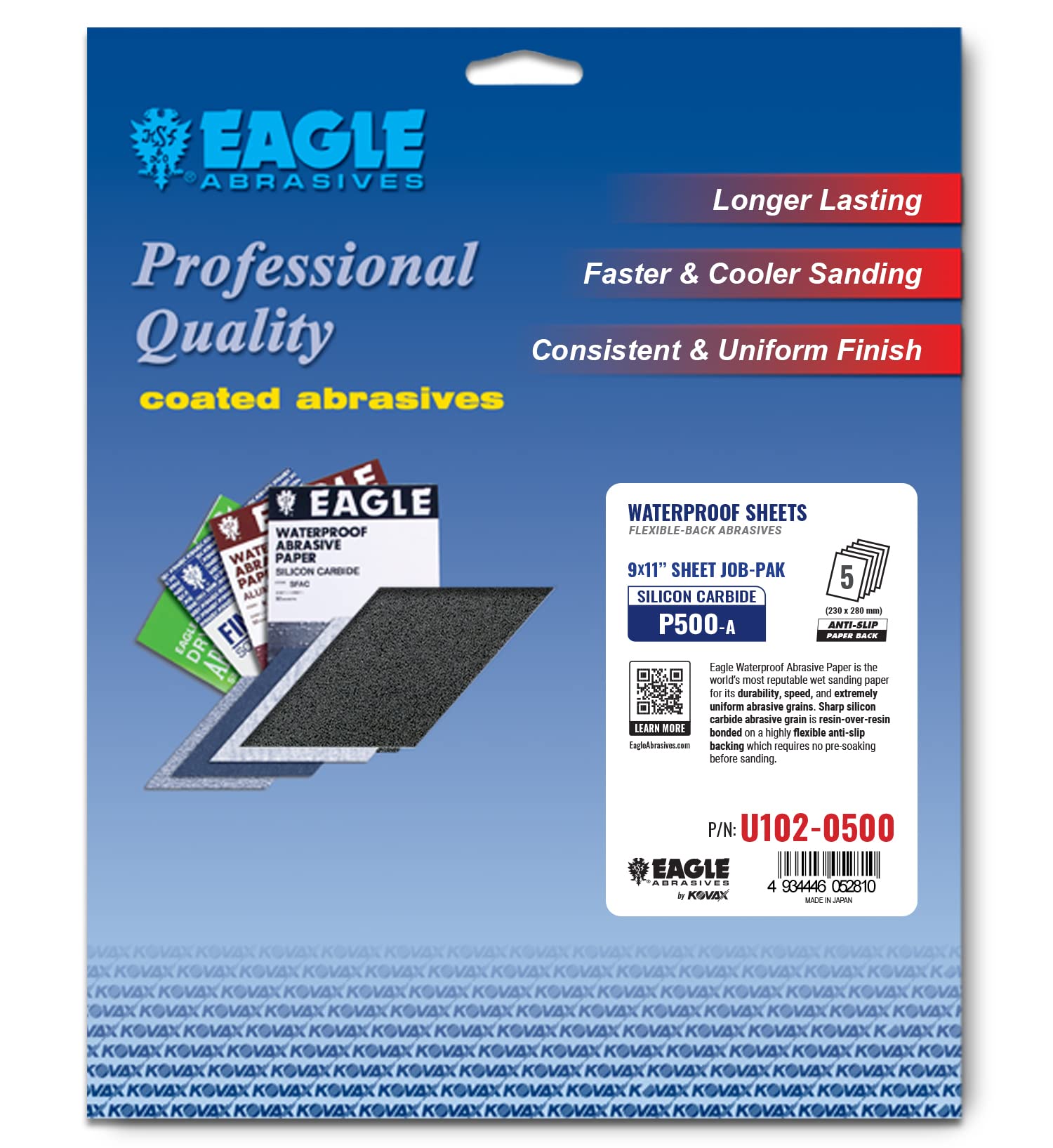 Eagle 9x11 Silicon Carbide Waterproof Sanding Sheets JOB-PAK, Flexible Back, Grit P500, U102-0500, 5 sheets