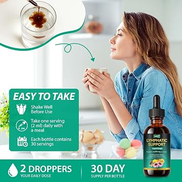 Lymphatic Drainage Drops, Lymph System Support Supplement Lymph Cleanse Detox 21-in-1 Herbal Blend to Support Healthy Energy Levels and Immune Balance, 60ml