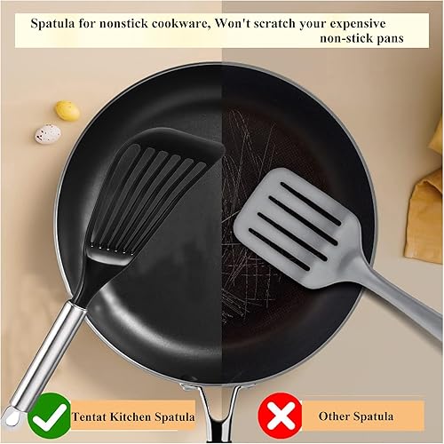 Vista 7 de Tenta - 2 utensilios de cocina antiadherentes para cocina, espátula delgada ranurada para huevos, espátula flexible de nailon y metal, hoja ancha