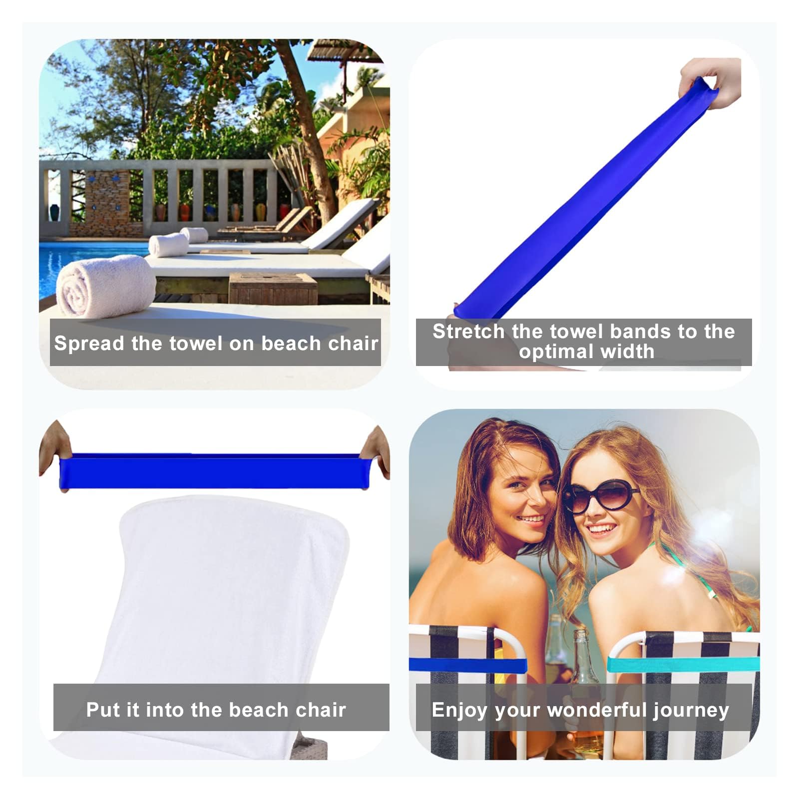Bandas para Toallas de Playa, 4 Pcs Bandas Elásticas para Toallas, Clips de Toalla para Silla de Piscina, para Silla de Piscina, Piscina Tumbonas, Playa Tumbona (Azul)
