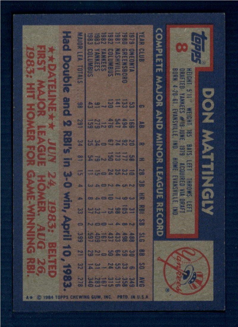 1984 Topps #8 Don Mattingly RC Rookie New York Yankees MLB Baseball Trading Card