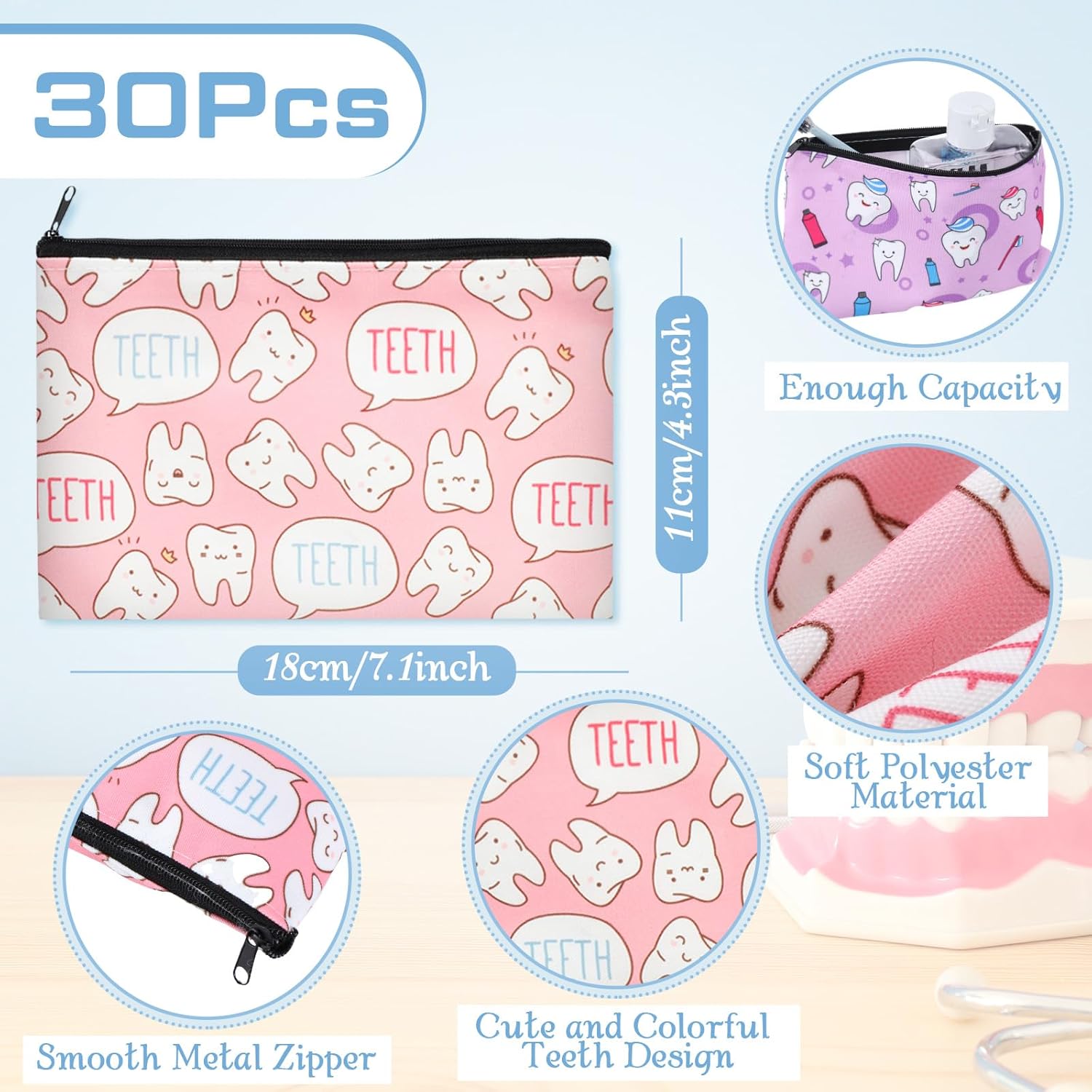 Silkfly 30 Pieces Teeth Makeup Bags Dentist Gifts Dental Hygienist for Women Nurse Cute Teeth Cosmetic Bags Dental Assistant Accessories Zipper Travel Pouch for Birthday Graduation Nurse Week Gifts