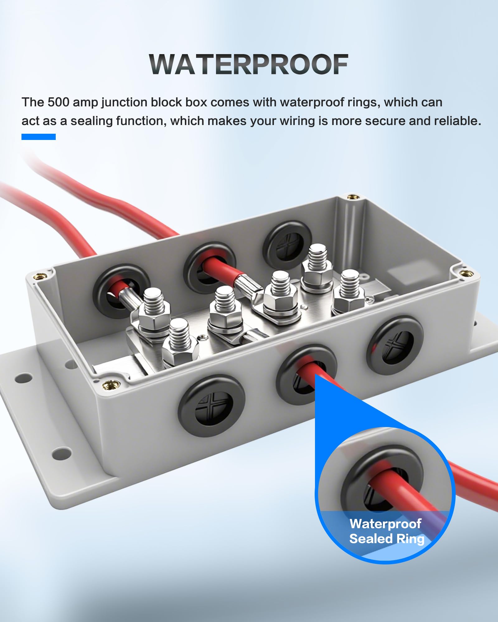 500 A 12 V Sammelschiene, robuster Stromverteilerblock mit 6 x 5/16 Zoll (M8) Klemmbolzen, wasserdicht, Marine-Sammelschiene für Auto, Boot, Wohnmobil, Solaranlage