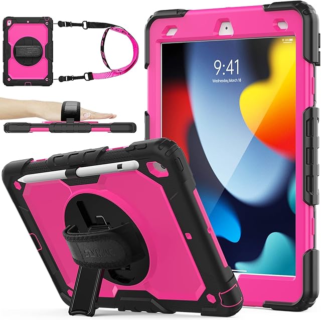 SEYMAC stock iPad 10.2 Case, iPad 9th/8th/7th Generation Case 2021/2020/2019, Heavy Duty Protective Tough Case with Screen Protector Pencil Holder [360 Rotating Stand] & Hand/Shoulder Strap (Rose)