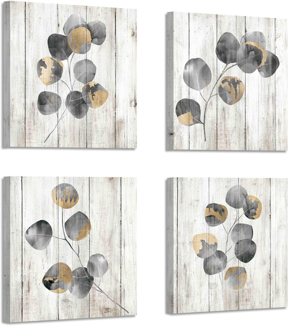 Leaf Canvas Picture Wall Art: Botanical Plant Leaves with Wooden Texture Painting Artwork for Bedrooms Kitchen (16" Wx16 Hx4 PCS, Multi-Sized)