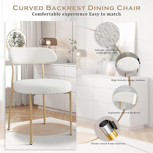 Miniatura 5 de Modern Boucle - Juego de 2 sillas de comedor con respaldo redondo tapizado de lana de cordero y patas de metal para comedor, cocina, restaurante,