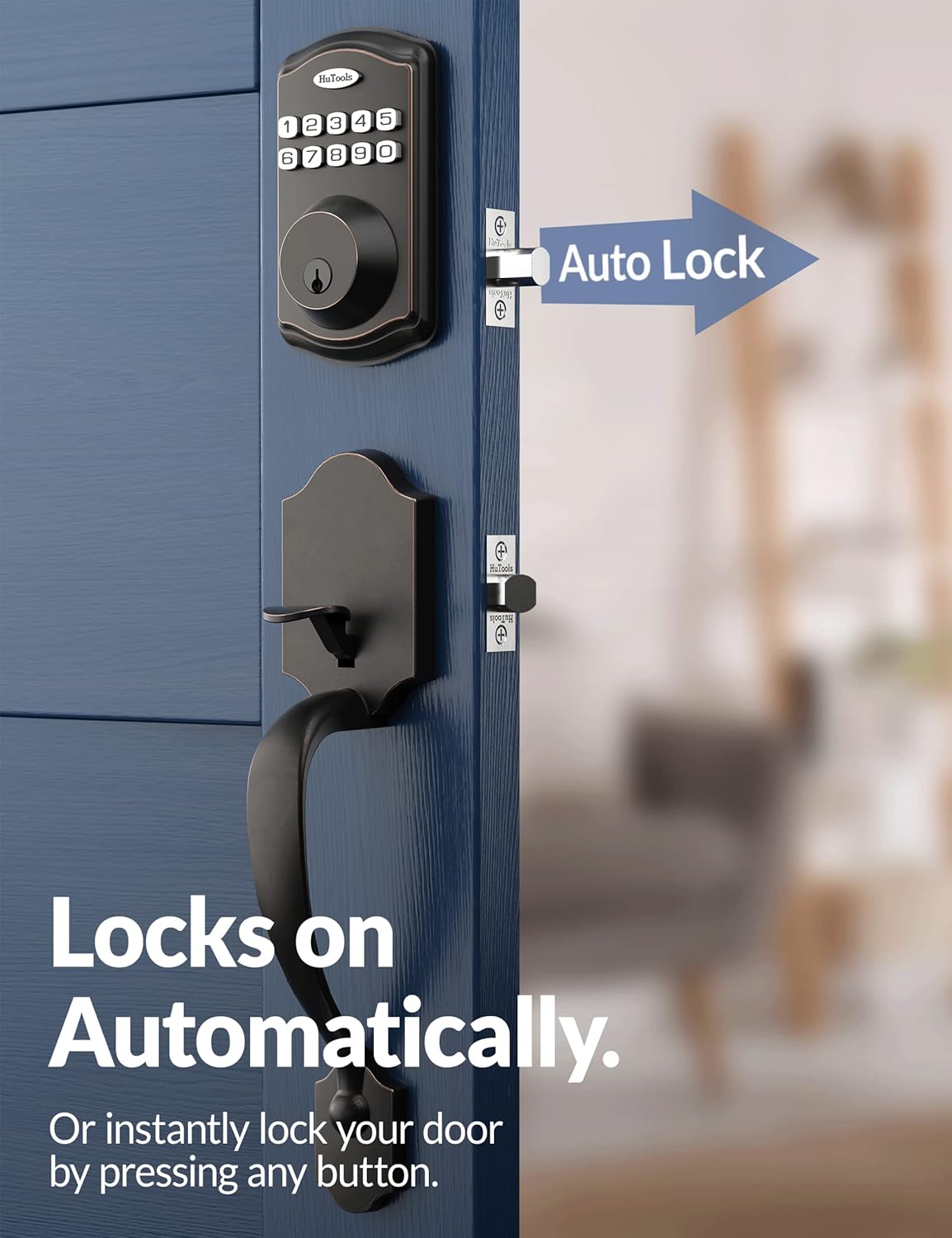 HuTools Keypad Door Lock on a blue door, with an arrow pointing to the lock and text 'Auto Lock' and 'Locks on Automatically. Or instantly lock your door by pressing any button.'.