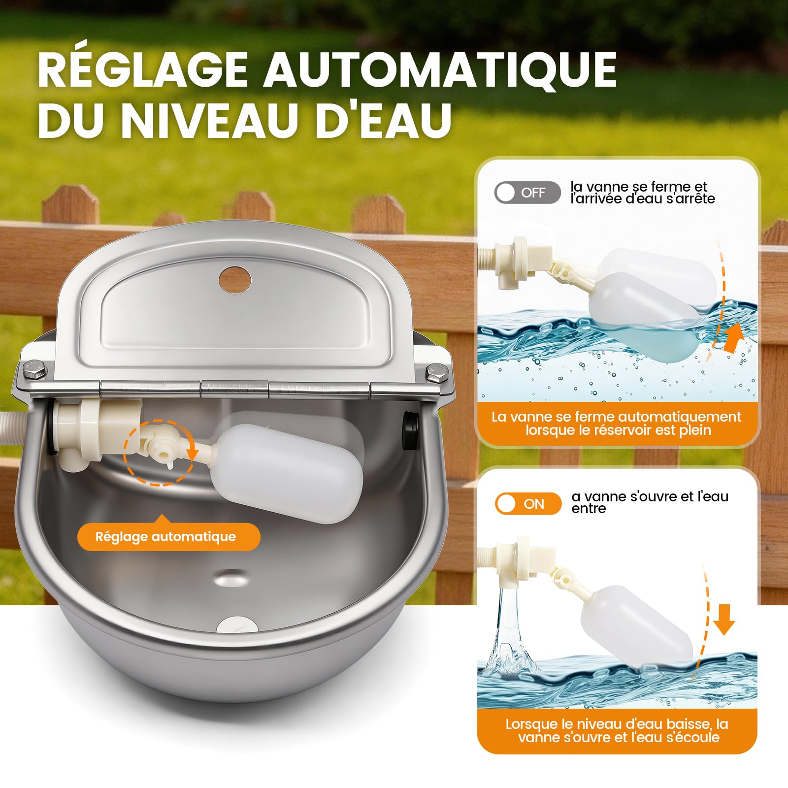 Abreuvoir Automatique en Acier Inoxydable pour Chiens et Bétail, 2 Vannes à Flotteur Réglables avec Bouchon de Vidange, Abreuvoir Élevage pour Chevaux, Chèvres, Moutons, Bovins