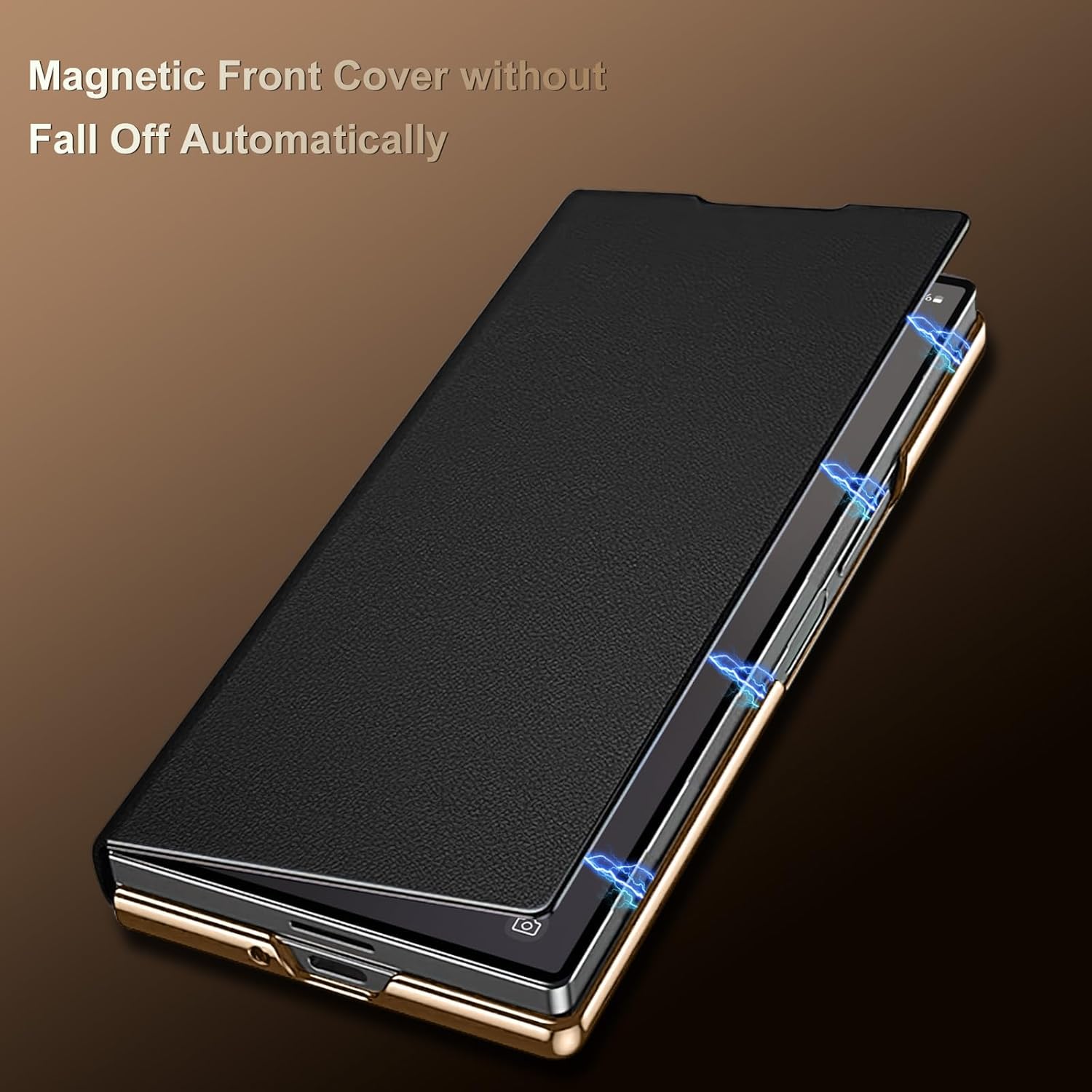 Magnetic Leather Case for Samsung Galaxy Z Fold 6 with Rotating Kickstand & Wrist Strap, Premium Vegan Leather & Full Hinge Camera Protection, All-Around Shockproof Protection Cover, Black