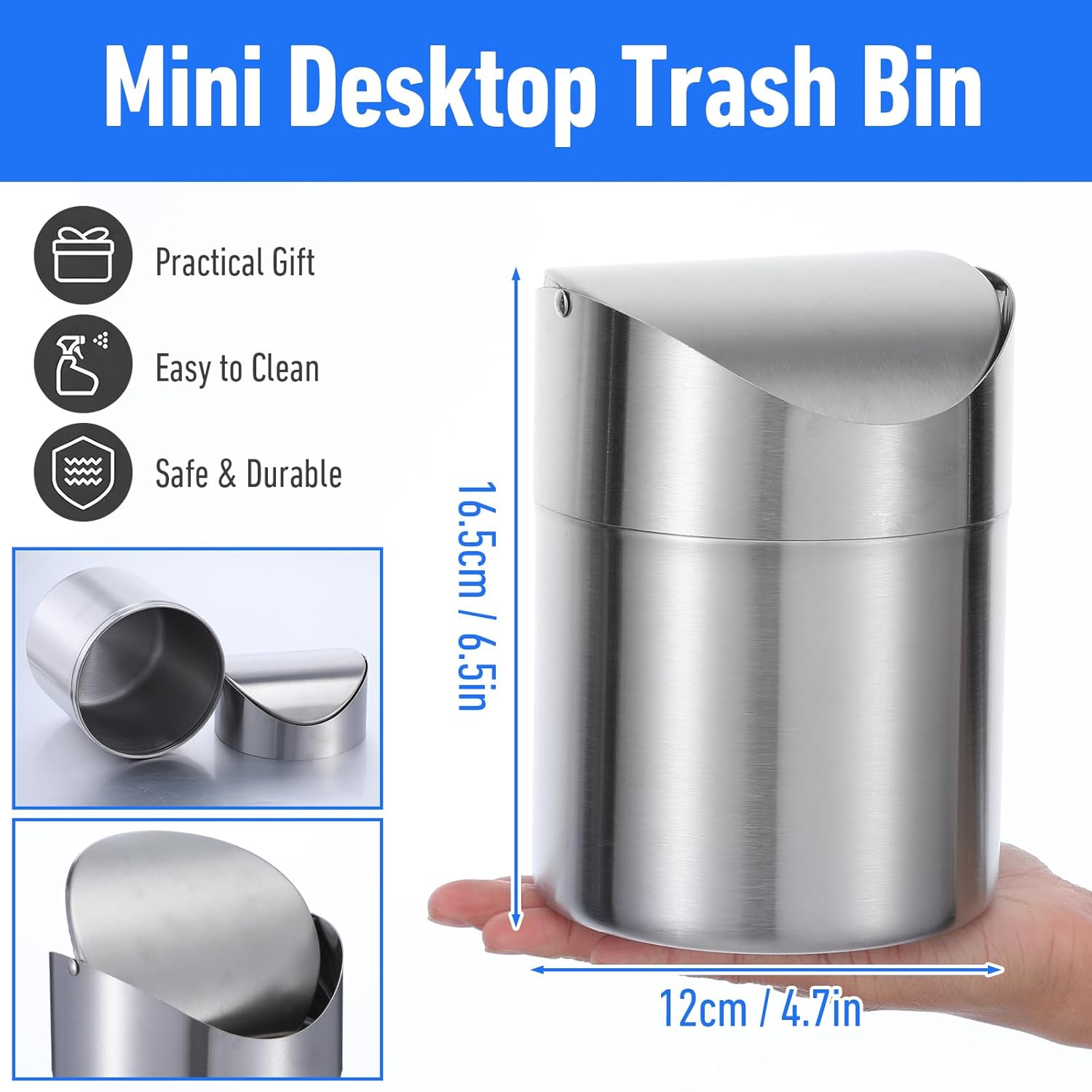 MAQUITA 2 Pcs Desk Trash Can with Swing Lids, 2L Brushed Stainless Steel Countertop Garbage Bin Small Wastebasket with Lid for Office Desk, Coffee Table