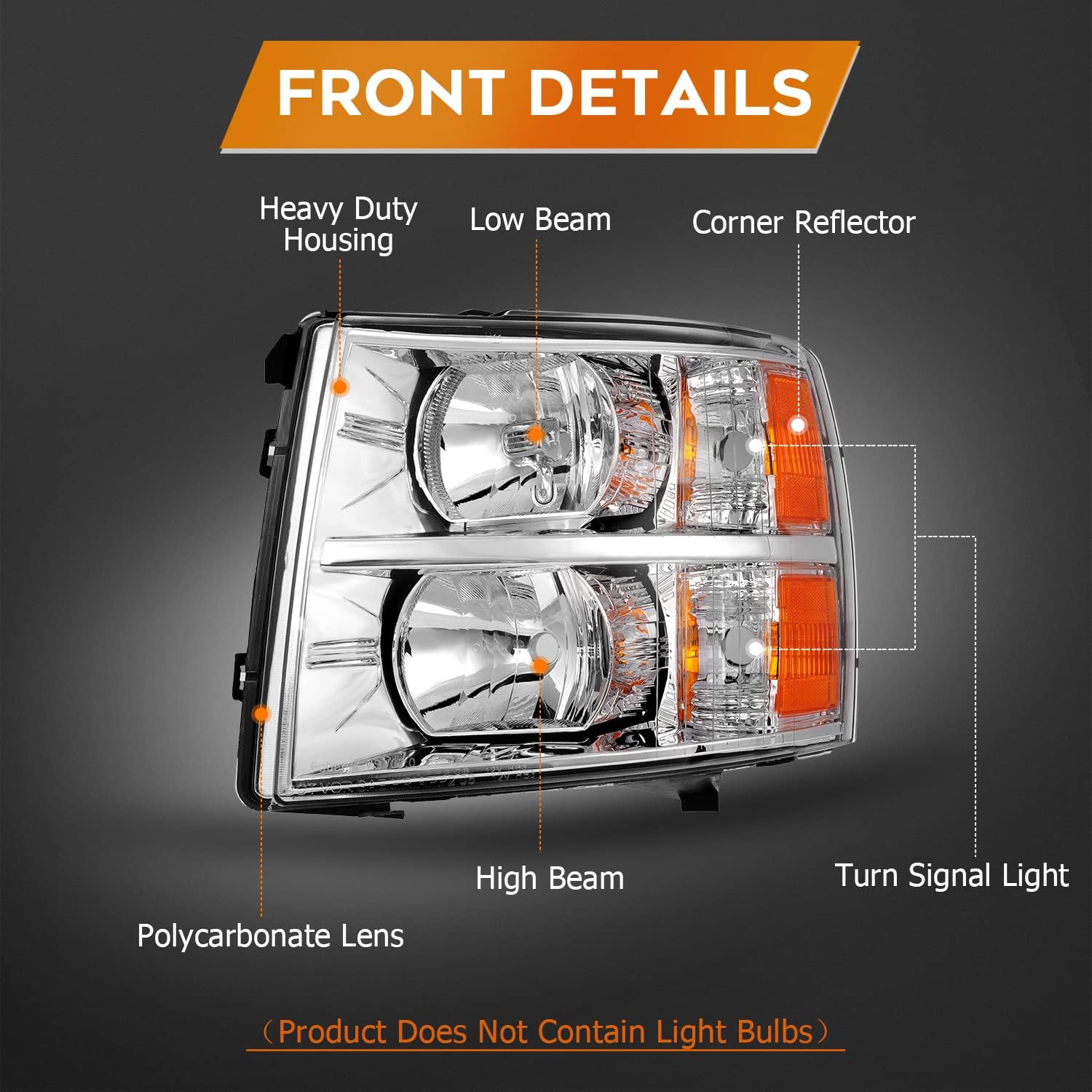 Headlight Assembly for Chevrolet Silverado 1500 2007-2013 for Chevrolet Silverado 2500 2007-2014 Chrome Housing Amber Reflector Clear Lens Driver and Passenger Side Headlamp