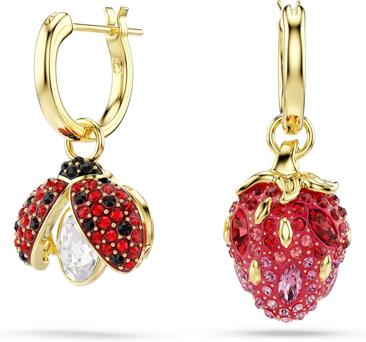 Swarovski Idyllia drop earrings, Set (3), Ladybug, Clover, Strawberry, Multicolored, Gold-tone plated