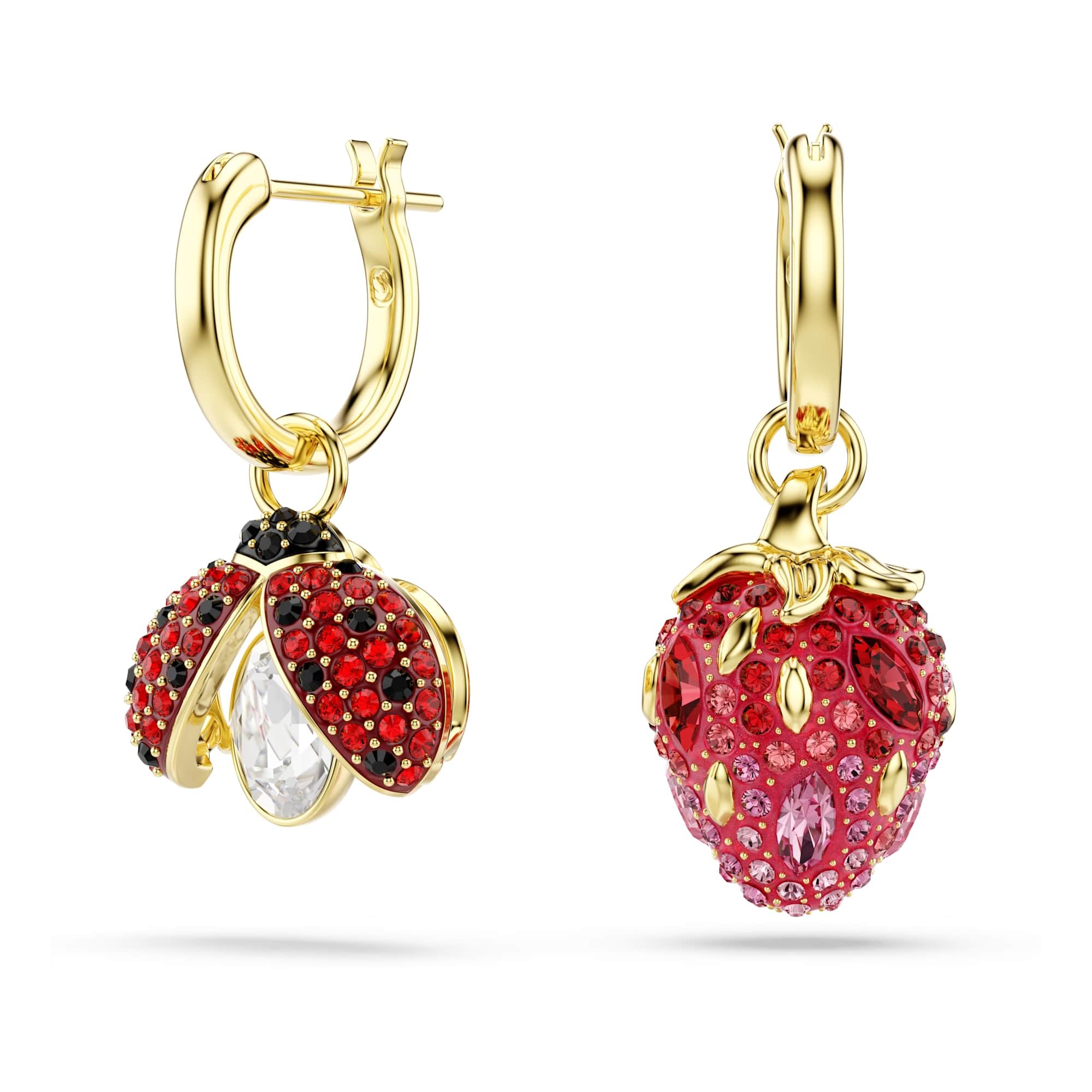 Swarovski Idyllia Drop-Ohrhänger, Set (3), Marienkäfer, Glücksklee, Erdbeere, Mehrfarbig, Goldlegierungsschicht