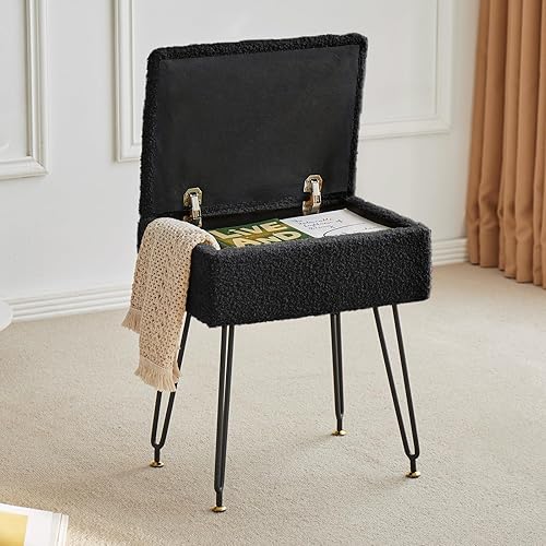 Taburete de tocador, taburete otomano de piel sintética de peluche con patas de metal y pies negros ajustables, taburete de maquillaje con asiento