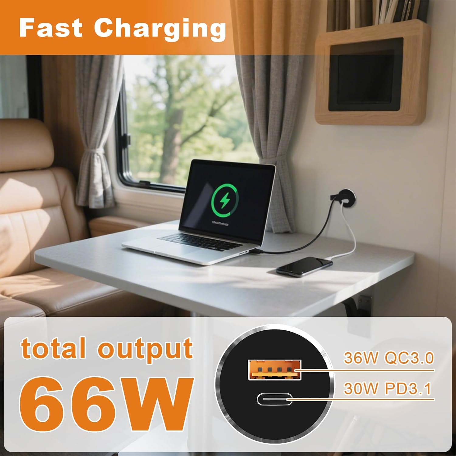 66W 12V USB Outlet PD 30W Type-C QC3.0 36W USB-A Dual Port Aluminum Fast Charging Socket for Laptop, Replacement Car Charger Accessories for RV Camper Trailer Truck Boat Golf (2Pcs)