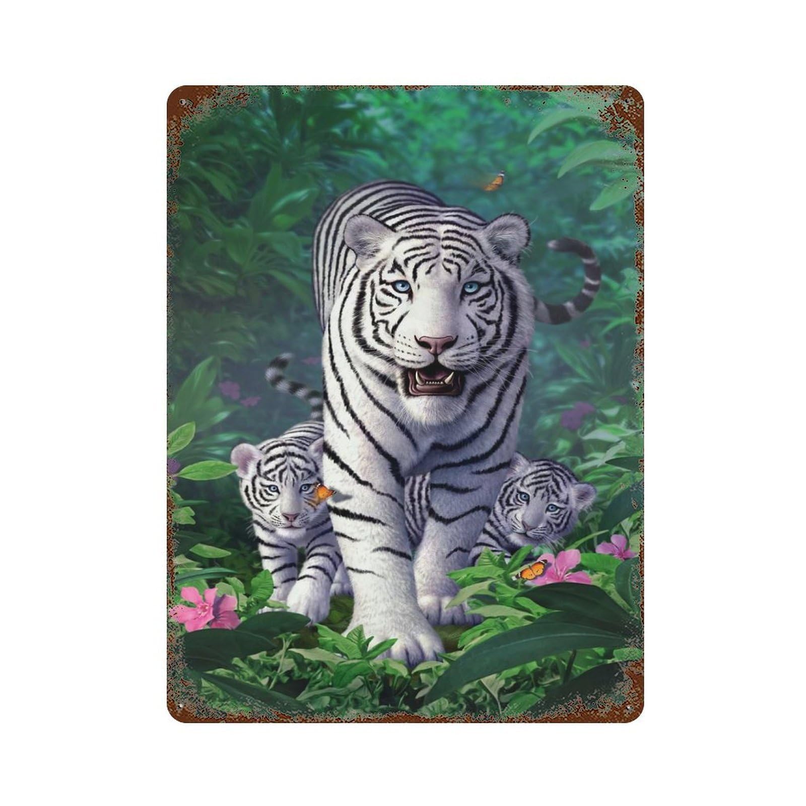 Retro Metal Sign White Tigers 15.7"x11.8", Retro Wall Decor for Living Room, Hallway And Home Decor