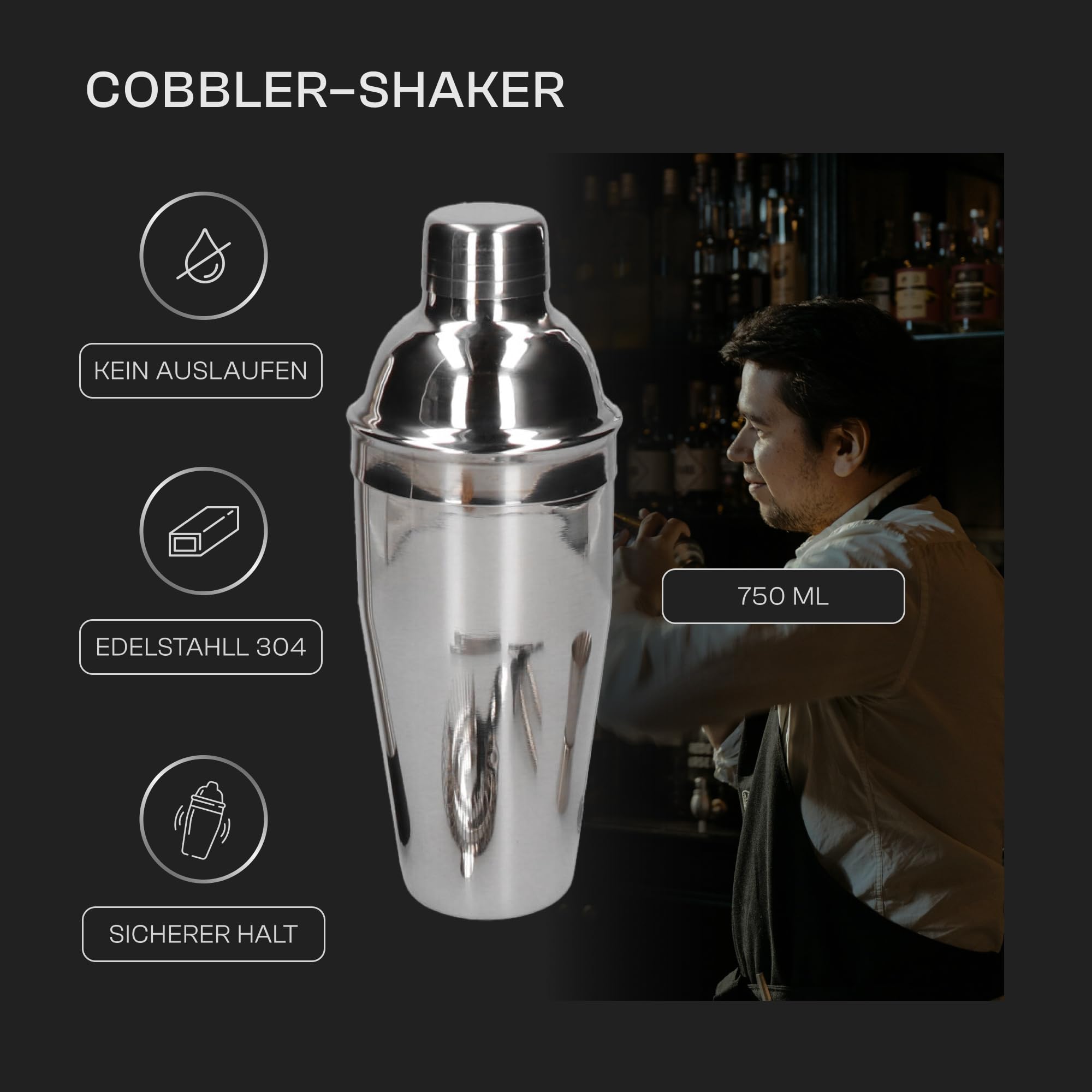 Zestaw barmański 12 el z okrągłą podstawką srebrny shaker Cobbler