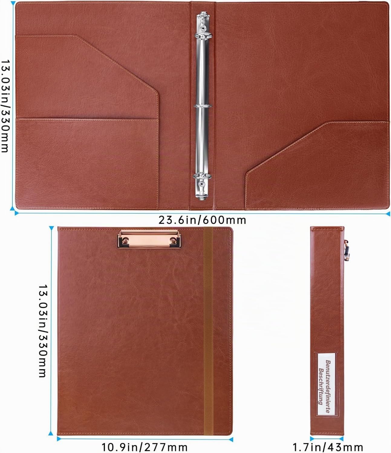 HAUTOCO Klemmbrett A4 Ordner, Ringbuch Mit 3 Ringen 25 mm, PU Leder Ringordner Schmal, Aktenordner Mit 5 Dokumententaschen, Klemmbrett Mit Deckel für Studium, Büro, Braun