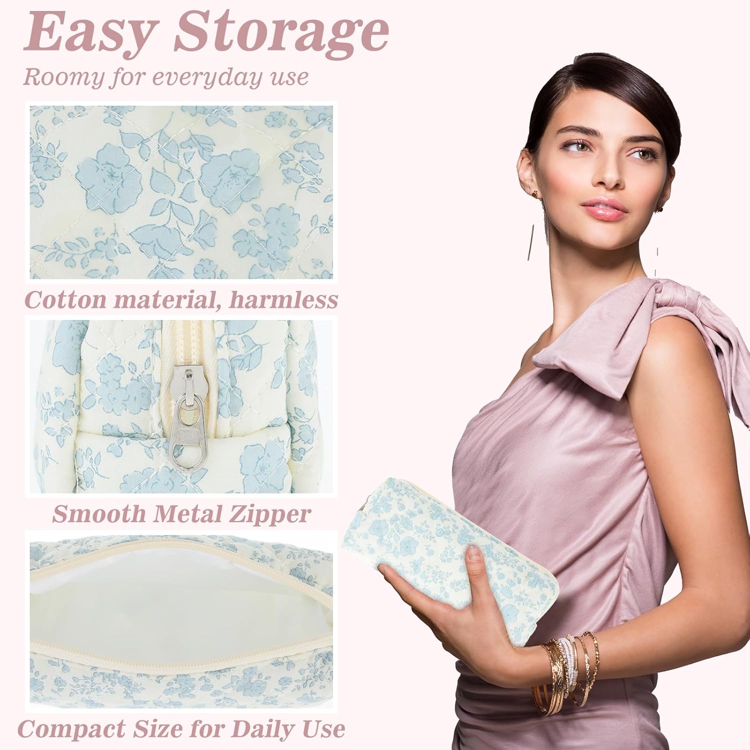 Cute Pencil Case, Aesthetic Flowers Pencil Pouch, Portable Pen Bag Wide Opening, Soft Quilted Pencil Pouch Organizer with Zipper for Office College Storage Makeup Pouch, Blue Flowers - Image 4