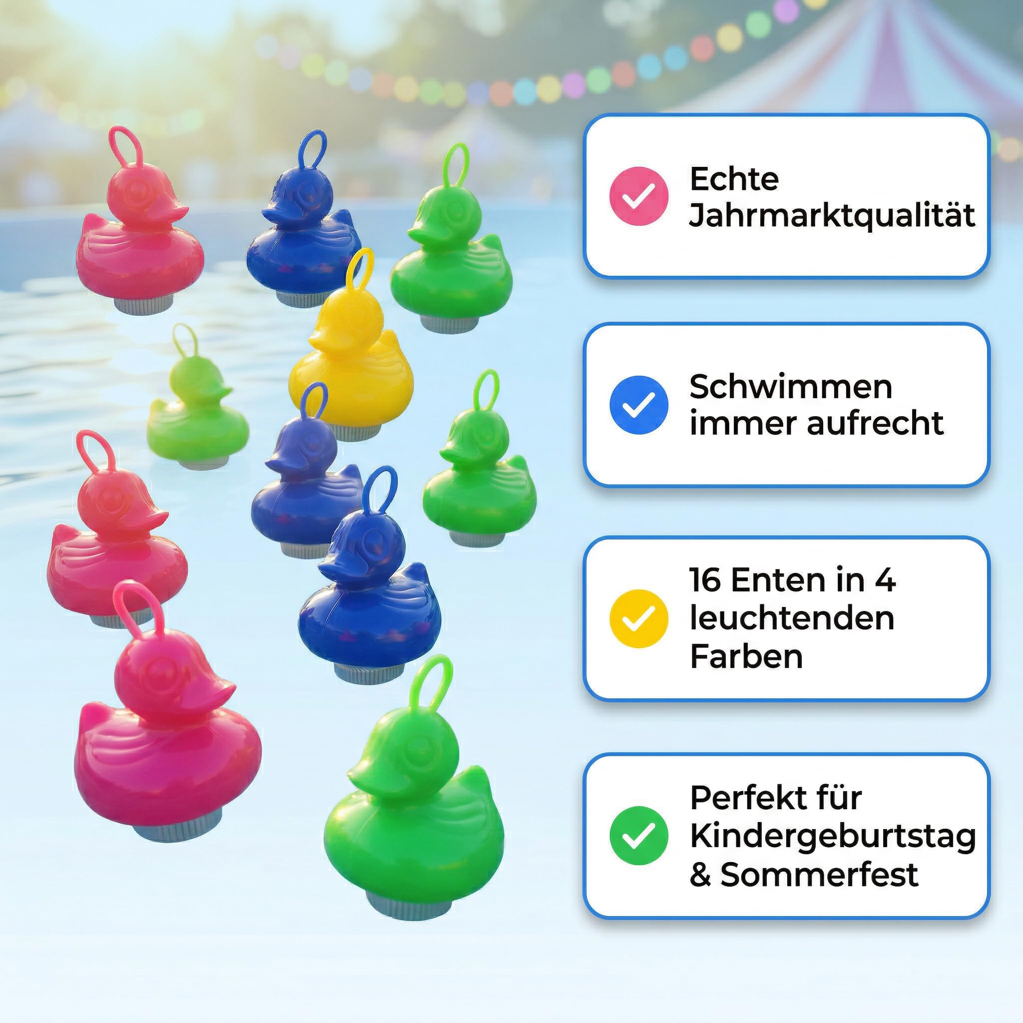 AMLI Enten Angeln | 16x bunt Entchen mit Öse & Gewicht | Inkl. 2 Angeln | Entenangeln Spiel Wasser groß | Perfekt für Firmenfeiern, Kita, Kindergeburtstag | Schwimmenten 101AO20DUCK
