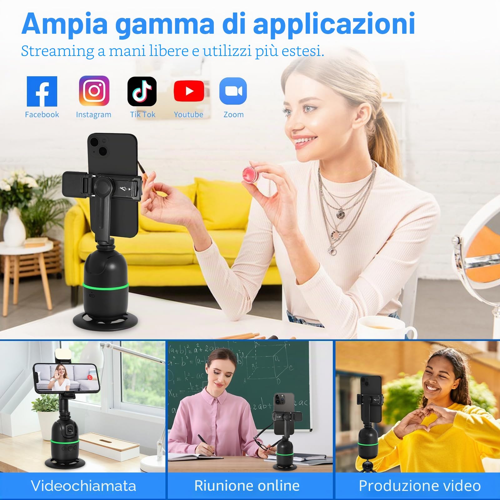 KozyOne Treppiede di tracciamento automatico del viso/corpo, nessuna applicazione richiesta, supporto del telefono di rotazione a 360° con luce di riempimento, supporto del telefono di monitoraggio