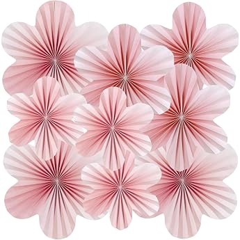 Easy Joy Pack of 9 Pink Decorative Paper Flowers Paper Fan Party Decoration Room Decoration Aesthetic Paper Flowers for Hanging Birthday Decoration Pink Girls Wedding Tea Party Classroom Baby Shower
