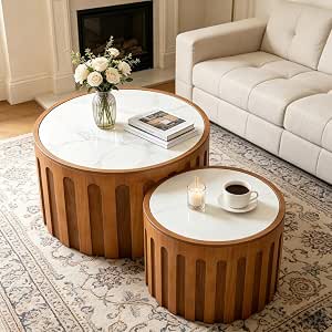 26.3-inch Round Nesting Coffee Tables Set of 2 with Sintered Stone Tops