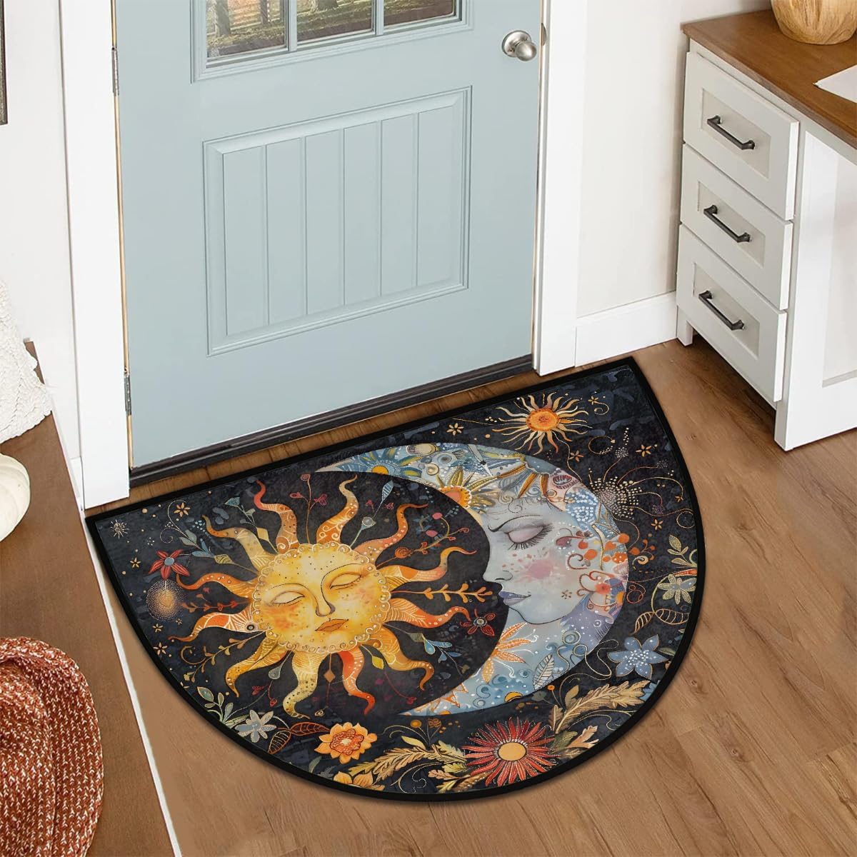 Half Round Door Mat Ethnic Moon Sun Non-Slip Soft Semi Circle Rug Washable Half Moon Welcome Entrance Doormat for Outdoor Indoor Floor Indoor Bedroom Bathroom Home Kitchen Festival Decor Gift
