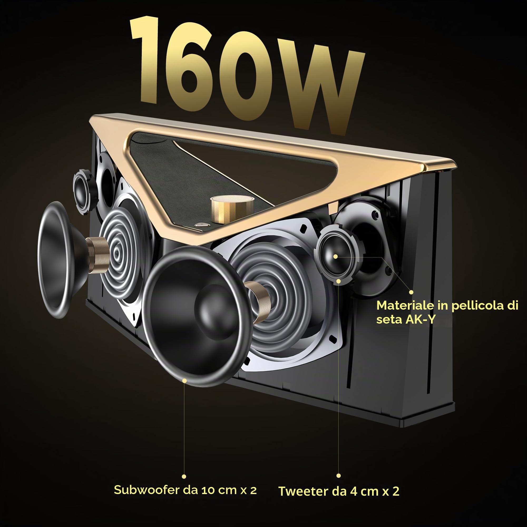 BUGANI Brief Pro Cassa Bluetooth Potente 160W | Hi-Res Audio 12 Ore di Riproduzione Altoparlante Portatile con Sottobasso per Jazz Esterno per Campeggio Spiaggia Festa