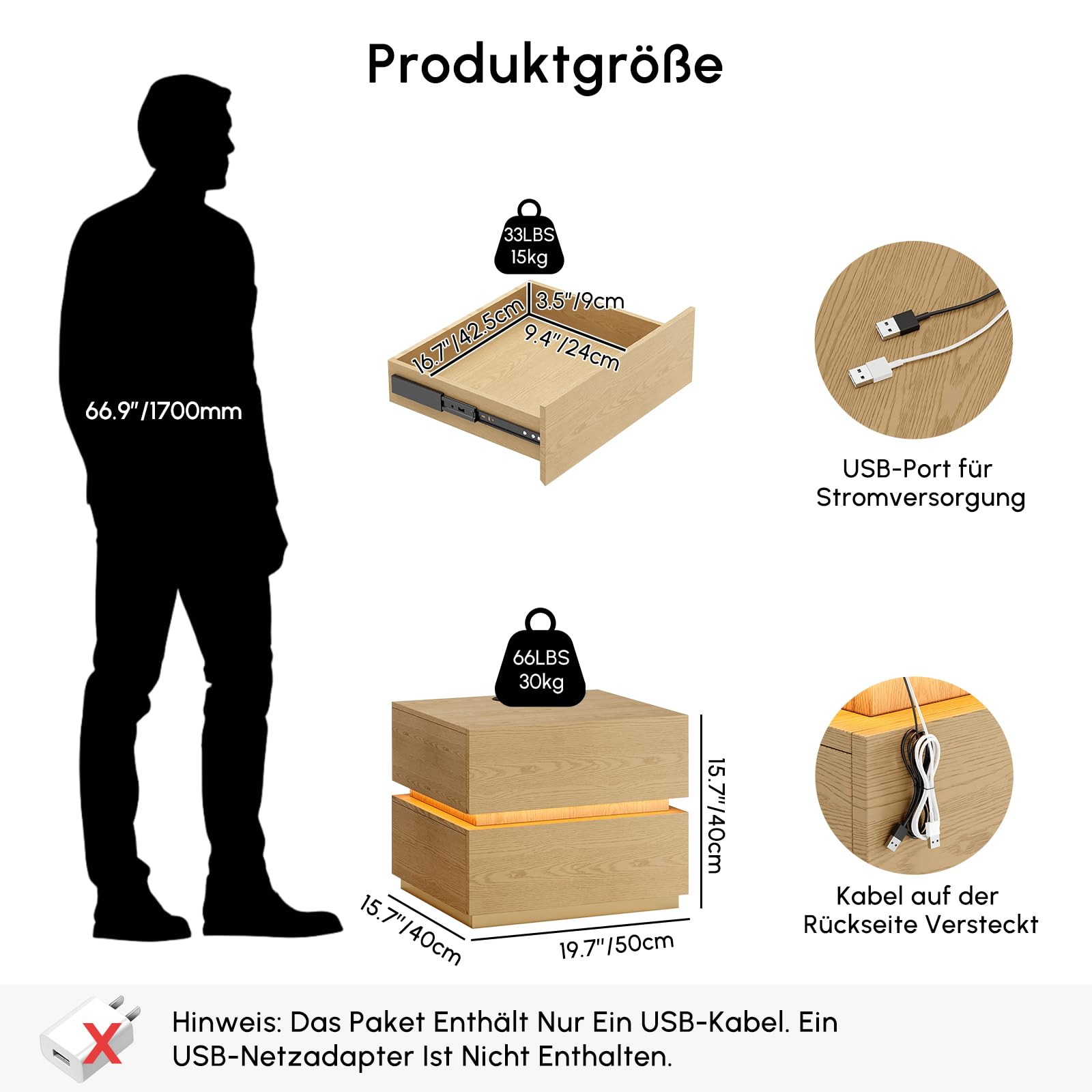 Homary LED Smart Nachttisch mit kabelloser Ladestation, Nachttisch mit Schubladen & USB-Anschlüssen, Modernes Nachtkästchen mit LED-Beleuchtung für Schlafzimmer