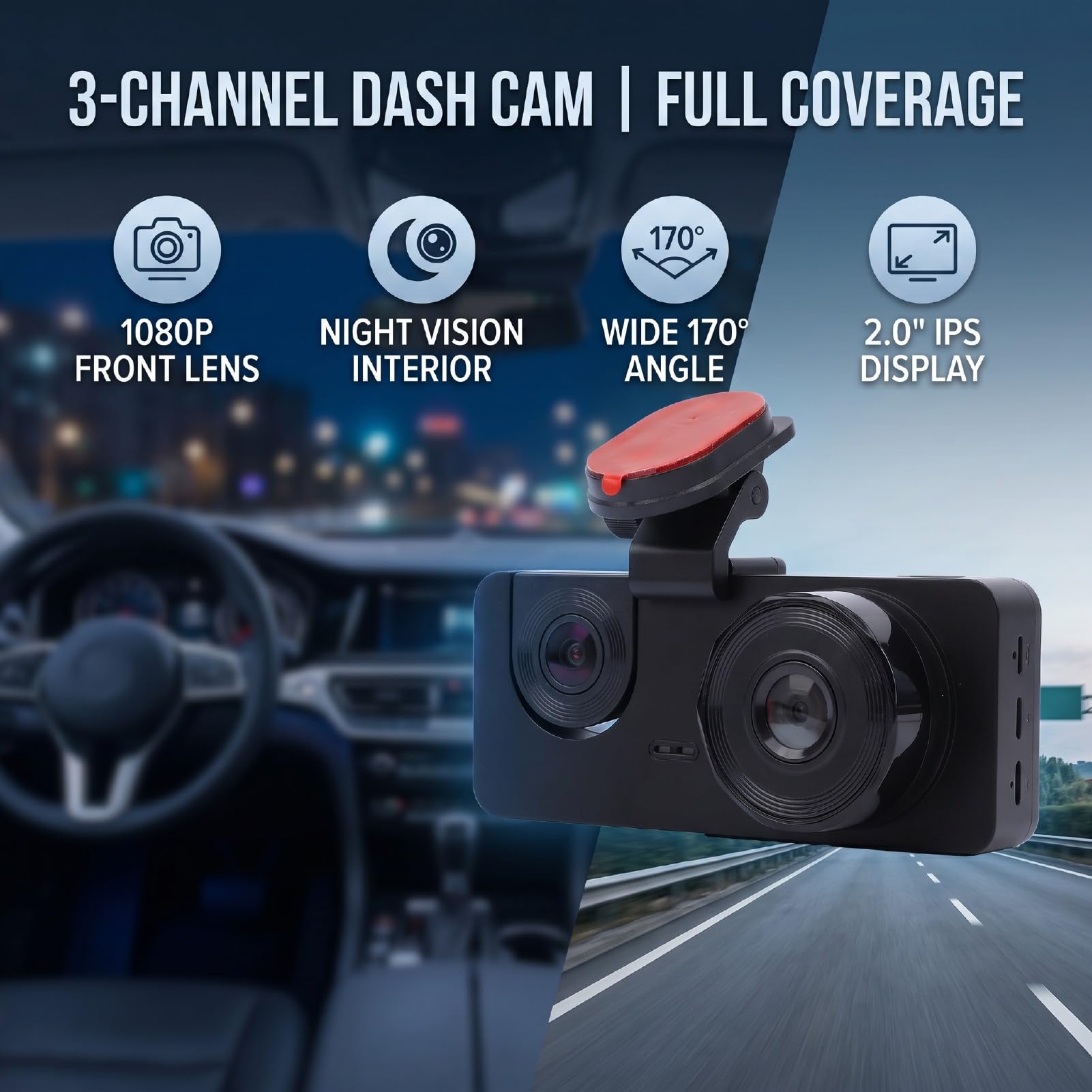 Dash Cam a 3 1080P Anteriore e Posteriore Interna con Grandangolo | Custodia in ABS, Schermo IPS da 2,0 Pollici, Batteria da 320 MAh, Supporta la Registrazione con Avvio Automatico da 32 GB