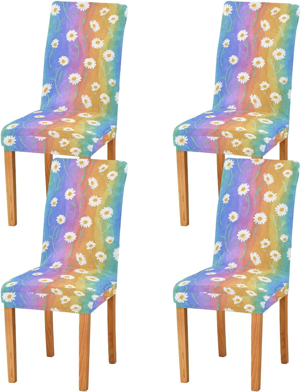 ALAZA Chair Covers for Dining Room, Cute Daisy on Colorful Rainbow Stretch Chair Cover Sets Chair Protector Removable Washable for Ktichen Restaurant Hotel