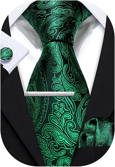 Barry.Wang Men Paisley Floral Silk Tie Set Necktie Solid Handkerchief Cufflinks Tie Clip Wedding Business