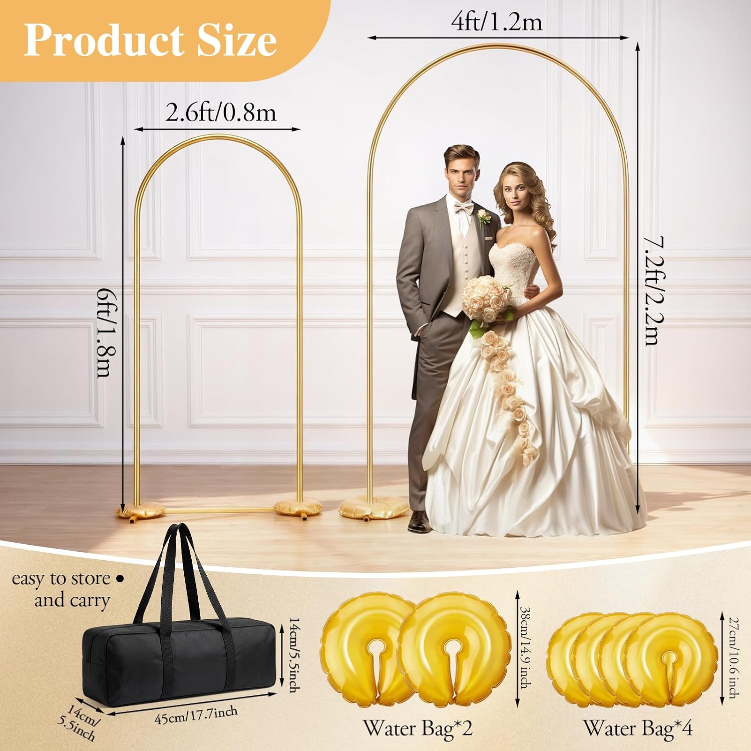 Gold Metal Arch Backdrop Stand Set of 3, 7.2ft/6ft/6ft Wedding Arch Photo Backdrop Frame with 6 Water Bags 3 Storage Bags for Wedding, Birthday, Baby Shower, Party Decorations, Flower Decor