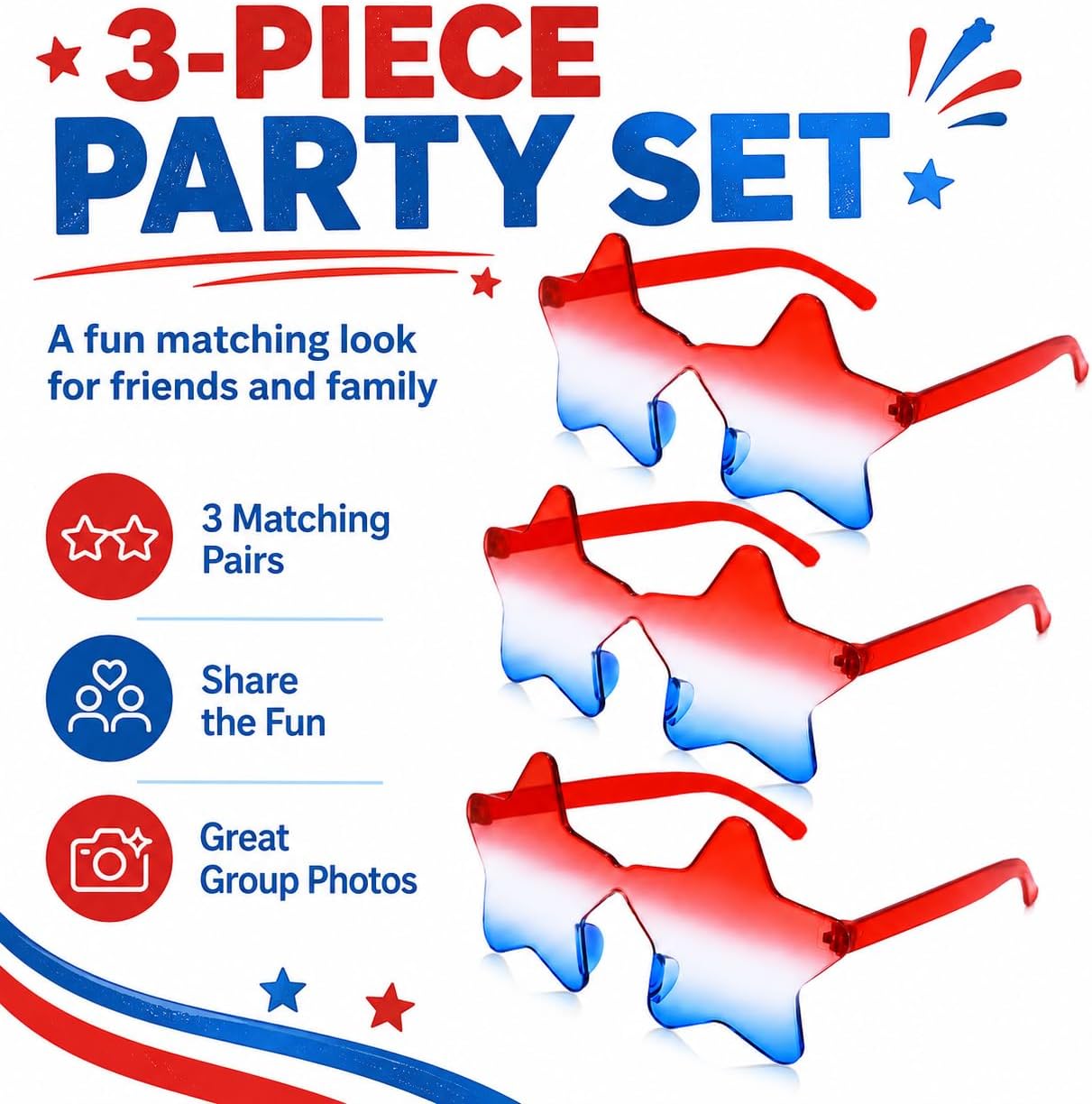 4th of July Star Glasses, USA Red White Blue Party Outfit | One Size Fits All | Photo-Ready Favor for Parades, BBQs & Booths | Lightweight Plastic Frames | Group Celebration Photos