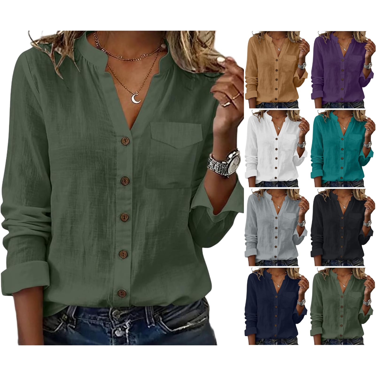 Cotton Shirts for Women Dressy Spring Long Sleeve Button Down Blouses Summer Pockets Trendy Travel Loose Casual Tops