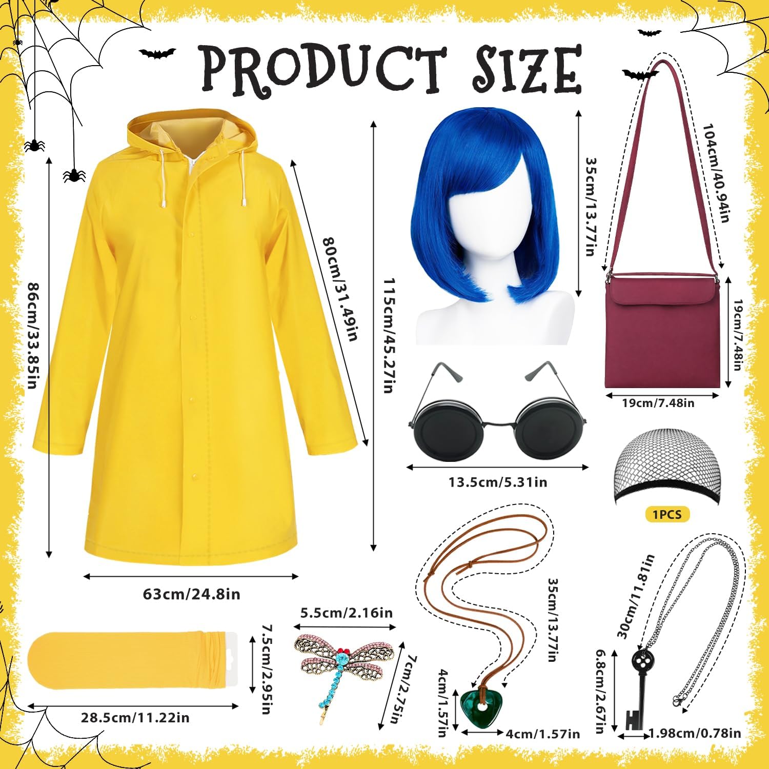 Humairc Mystical Adventure Costume Set for Women & Teens, Blue Wig, Yellow Raincoat & Socks, Crossbody Bag, Button Glasses, Key Necklace– Perfect for Halloween, Cosplay Themed Parties