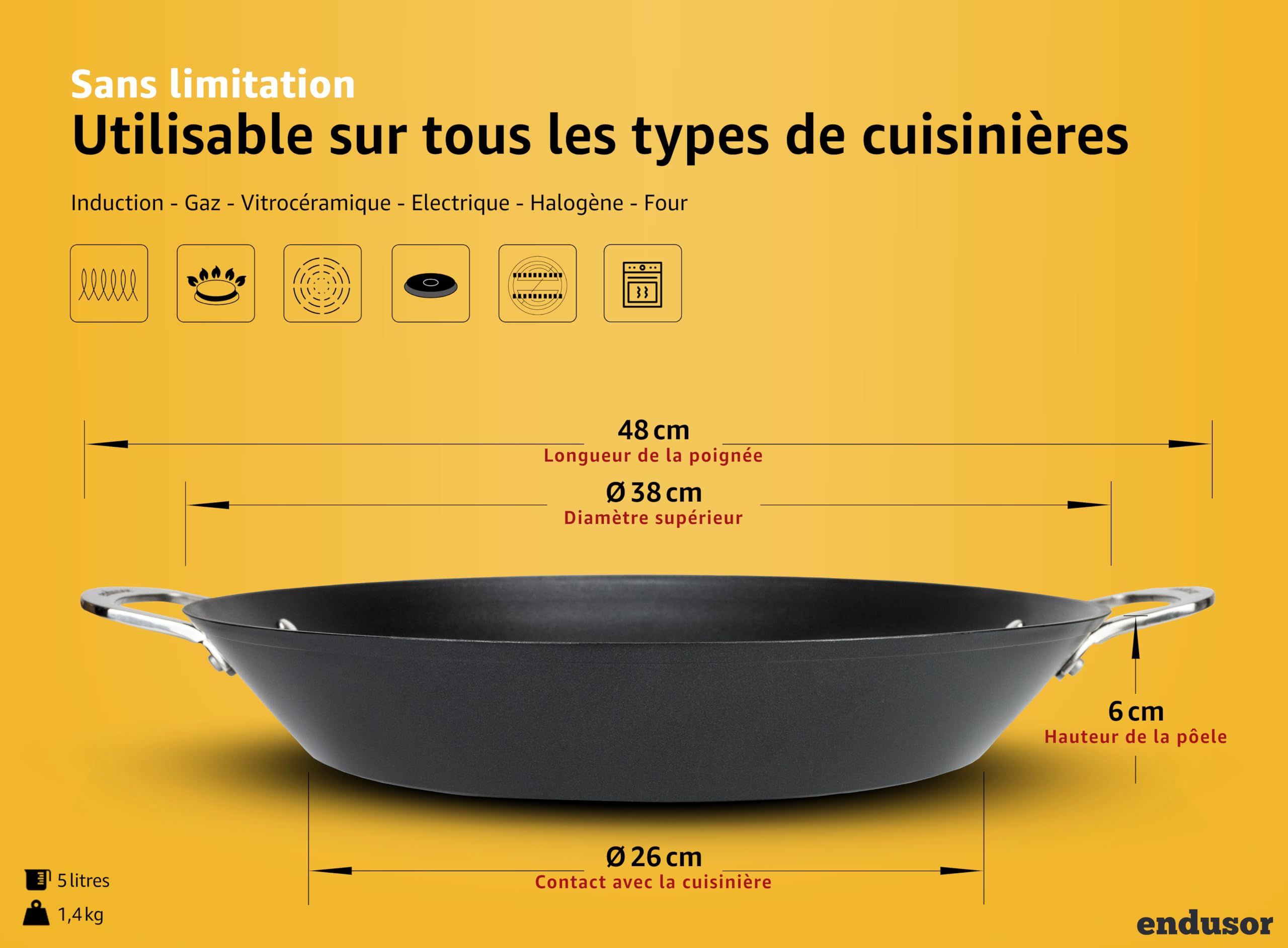 endusor Poele à paella Induction - Poele paella avec 38cm de diamètre pour 6-8 personnes - Adaptée à toute cuisinière + revêtement anti-adhésif | Induction Gaz Céramique Électrique | Paella maison