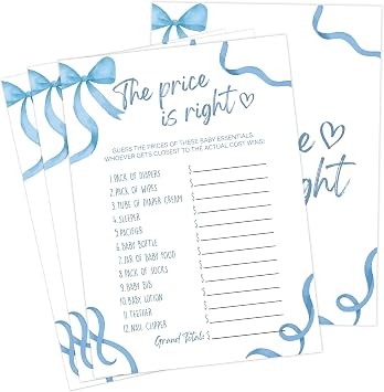 Blue Bow Baby Shower Games, Blue The Price is Right Game for 30 Guests with Game Cards, Gender Reveal, Baby Shower Supplies & Decorations DV09