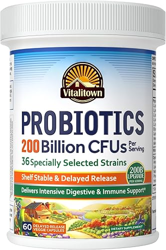 Vitalitown Probióticos de 200 mil millones de UFC, 36 cepas | Estables en almacenamiento, resistentes a ácidos y bilis | Apoyo digestivo intensivo e