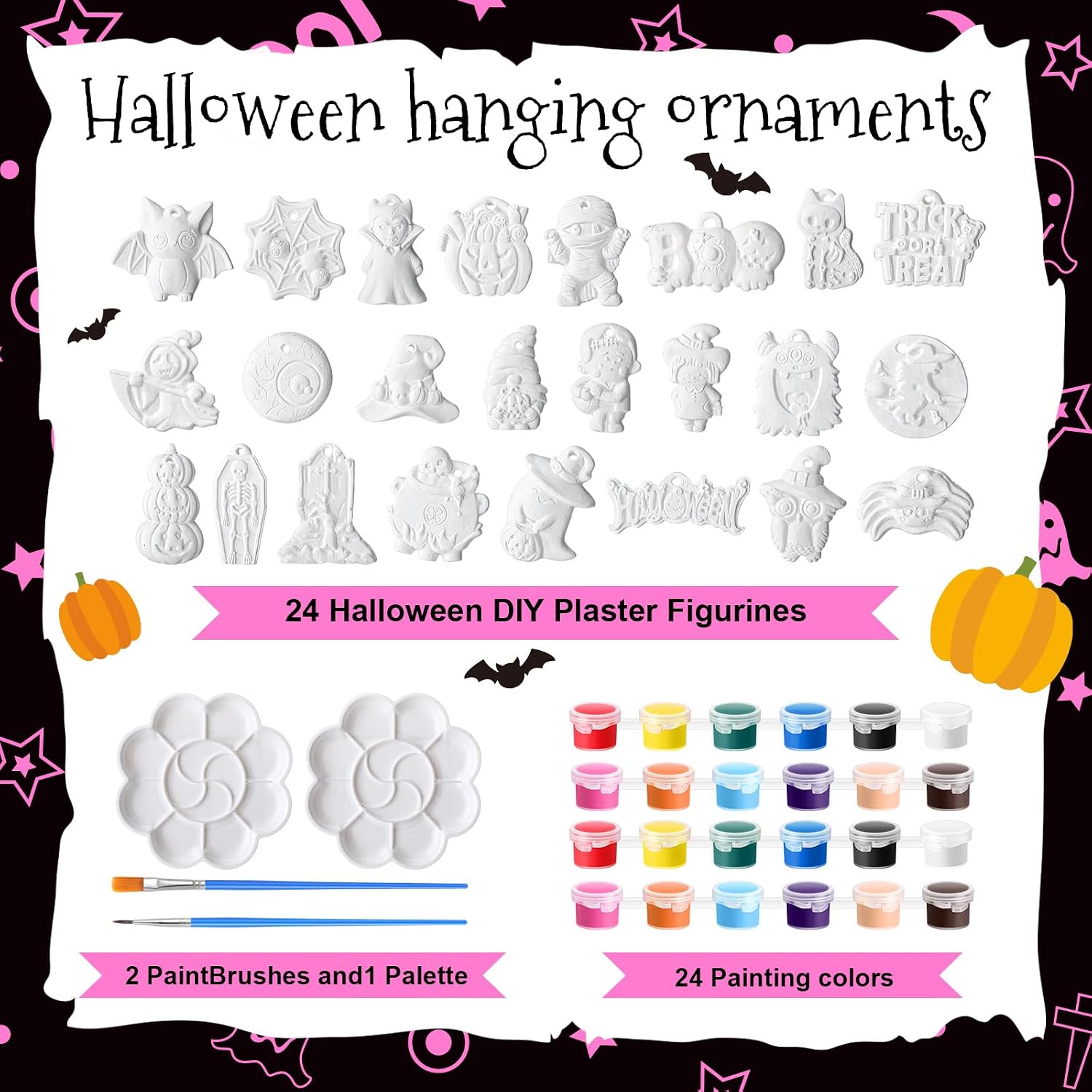 Seenelling 24 Sets DIY Painting Kits Paint Your Own Ceramics Monsters Ghost Unpainted Plaster Statues Arts and Crafts with Brush, Lanyard for Classroom Kid DIY Paint Craft Kit(Kawaii)