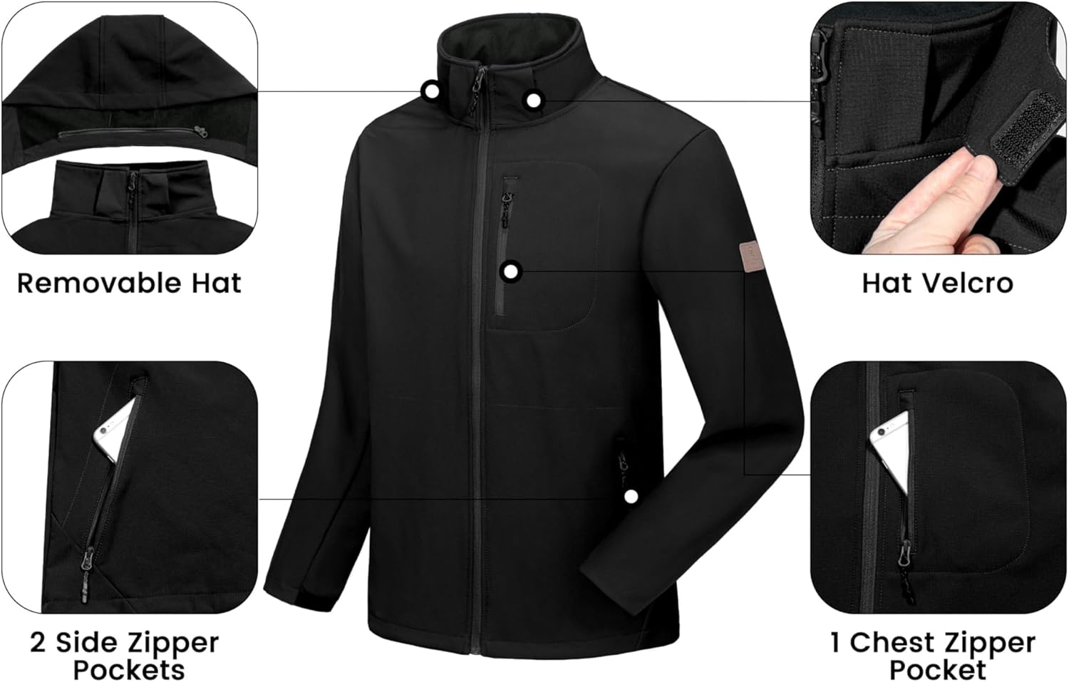 Little Donkey Andy Men’s Fleece Lined Softshell Jacket Lightweight Warm Water Repellent Coat with Removable Hood for Ski - Image 5